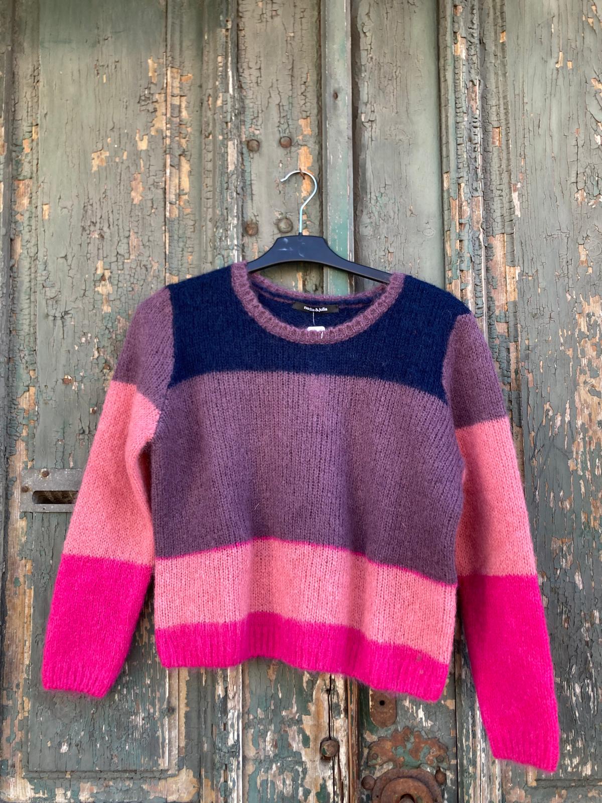 Pulover Mohair Stripes - 38-40 EU - Navy-Mov-Roz