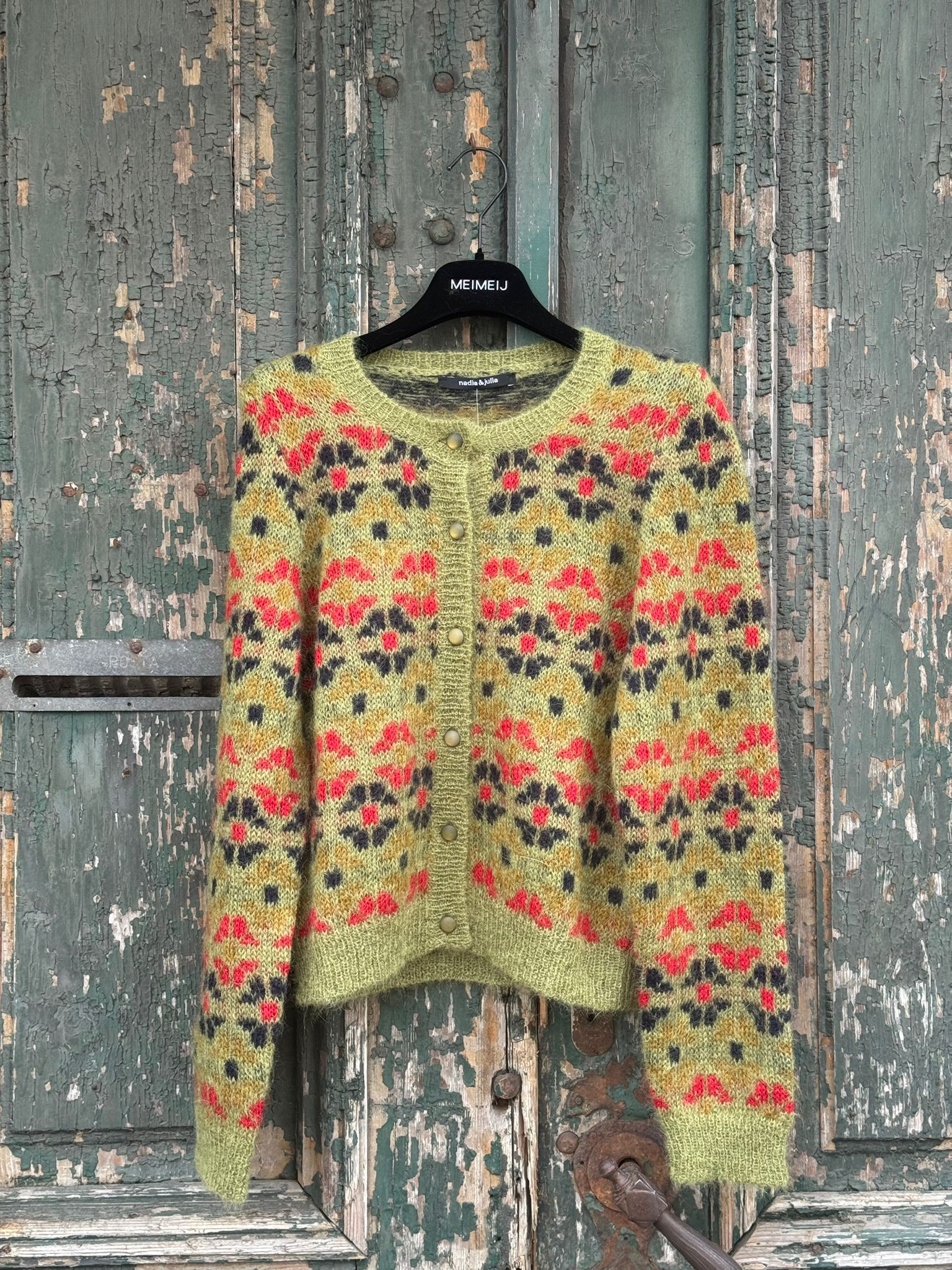 Cardigan Mohair cu print - 34-36 EU - Green-Red
